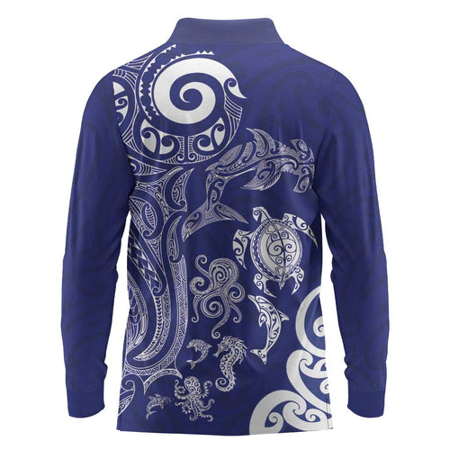 New Zealand Sea Animals with Maori Tribal Tattoo Long Sleeve Polo Shirt Blue Color