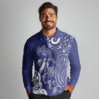 New Zealand Sea Animals with Maori Tribal Tattoo Long Sleeve Polo Shirt Blue Color
