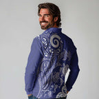 New Zealand Sea Animals with Maori Tribal Tattoo Long Sleeve Polo Shirt Blue Color