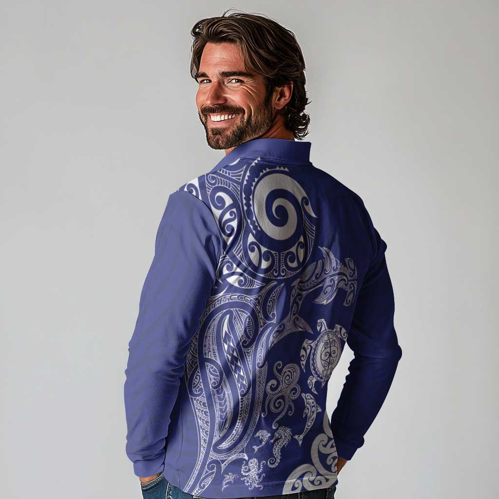 New Zealand Sea Animals with Maori Tribal Tattoo Long Sleeve Polo Shirt Blue Color
