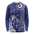 New Zealand Sea Animals with Maori Tribal Tattoo Long Sleeve Shirt Blue Color