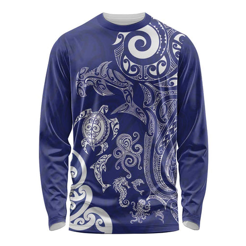 New Zealand Sea Animals with Maori Tribal Tattoo Long Sleeve Shirt Blue Color