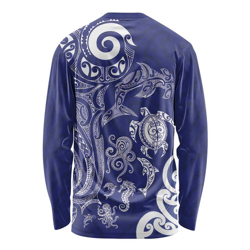 New Zealand Sea Animals with Maori Tribal Tattoo Long Sleeve Shirt Blue Color