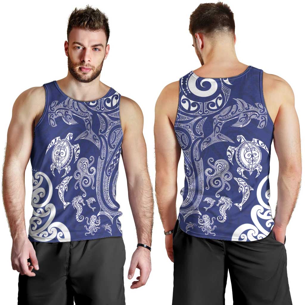 New Zealand Sea Animals with Maori Tribal Tattoo Men Tank Top Blue Color