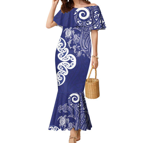 New Zealand Sea Animals with Maori Tribal Tattoo Mermaid Dress Blue Color
