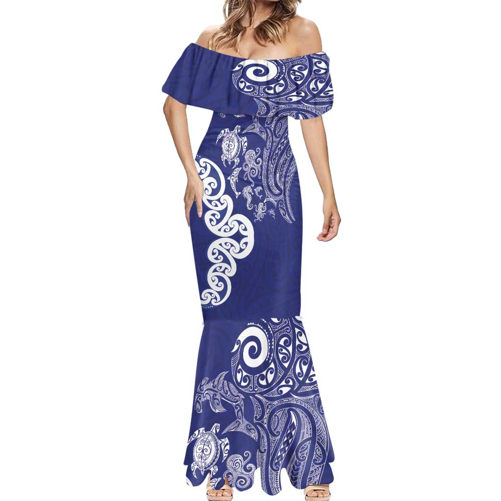 New Zealand Sea Animals with Maori Tribal Tattoo Mermaid Dress Blue Color