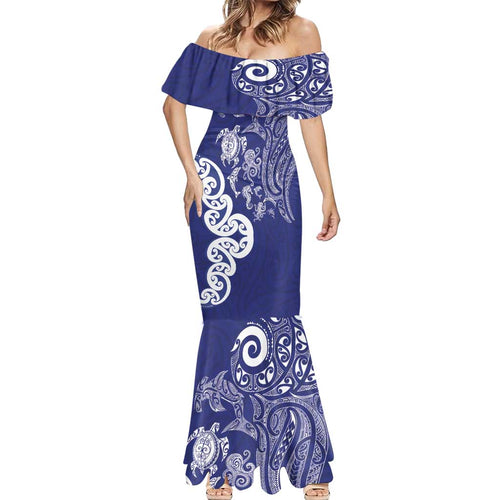 New Zealand Sea Animals with Maori Tribal Tattoo Mermaid Dress Blue Color