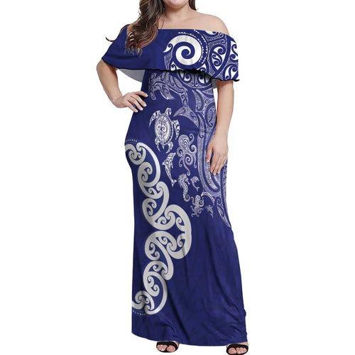New Zealand Sea Animals with Maori Tribal Tattoo Off Shoulder Maxi Dress Blue Color