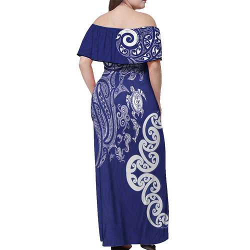New Zealand Sea Animals with Maori Tribal Tattoo Off Shoulder Maxi Dress Blue Color