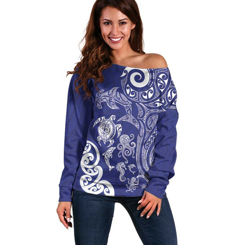 New Zealand Sea Animals with Maori Tribal Tattoo Off Shoulder Sweater Blue Color