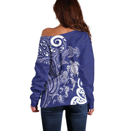 New Zealand Sea Animals with Maori Tribal Tattoo Off Shoulder Sweater Blue Color