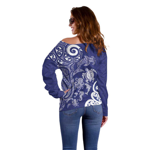 New Zealand Sea Animals with Maori Tribal Tattoo Off Shoulder Sweater Blue Color