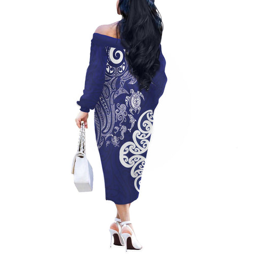New Zealand Sea Animals with Maori Tribal Tattoo Off The Shoulder Long Sleeve Dress Blue Color