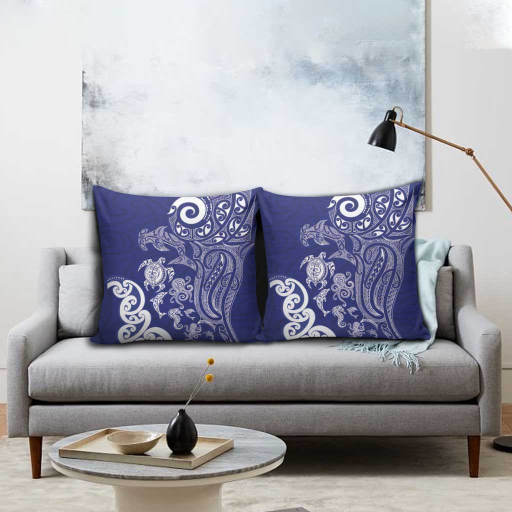 New Zealand Sea Animals with Maori Tribal Tattoo Pillow Cover Blue Color