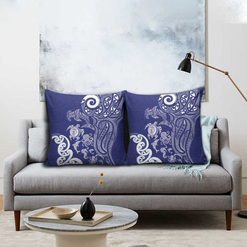 New Zealand Sea Animals with Maori Tribal Tattoo Pillow Cover Blue Color