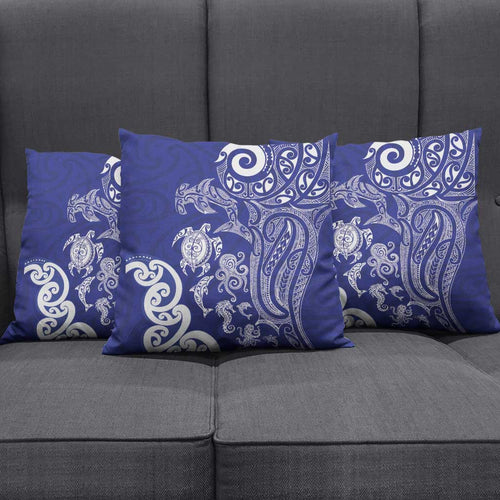 New Zealand Sea Animals with Maori Tribal Tattoo Pillow Cover Blue Color