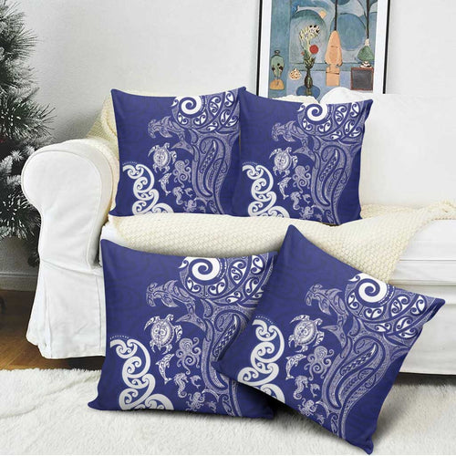 New Zealand Sea Animals with Maori Tribal Tattoo Pillow Cover Blue Color