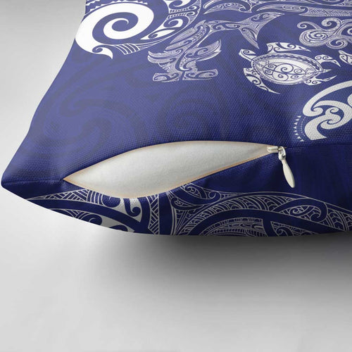 New Zealand Sea Animals with Maori Tribal Tattoo Pillow Cover Blue Color