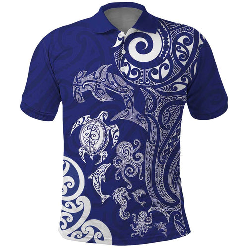 New Zealand Sea Animals with Maori Tribal Tattoo Polo Shirt Blue Color