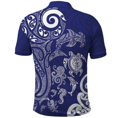 New Zealand Sea Animals with Maori Tribal Tattoo Polo Shirt Blue Color