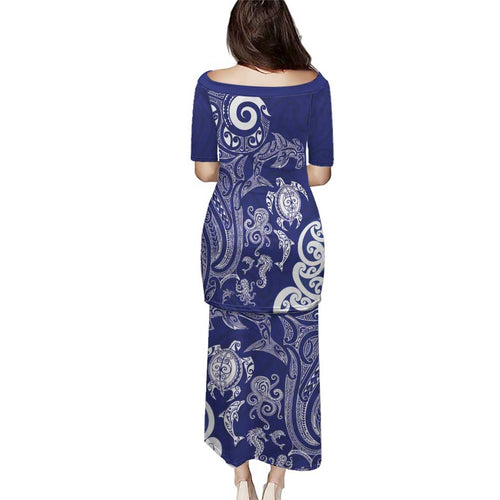 New Zealand Sea Animals with Maori Tribal Tattoo Puletasi Blue Color