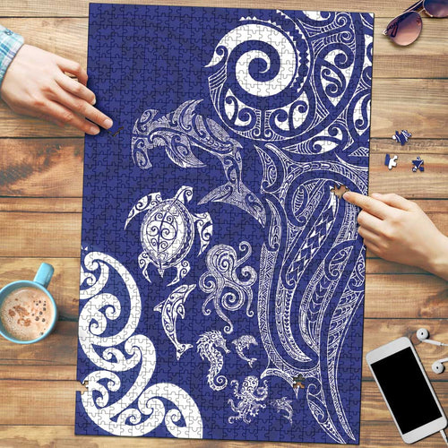 New Zealand Sea Animals with Maori Tribal Tattoo Puzzle Blue Color