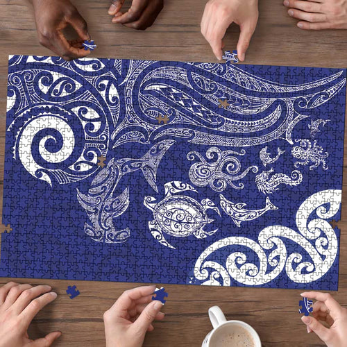 New Zealand Sea Animals with Maori Tribal Tattoo Puzzle Blue Color
