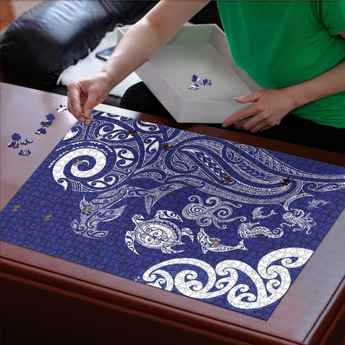 New Zealand Sea Animals with Maori Tribal Tattoo Puzzle Blue Color