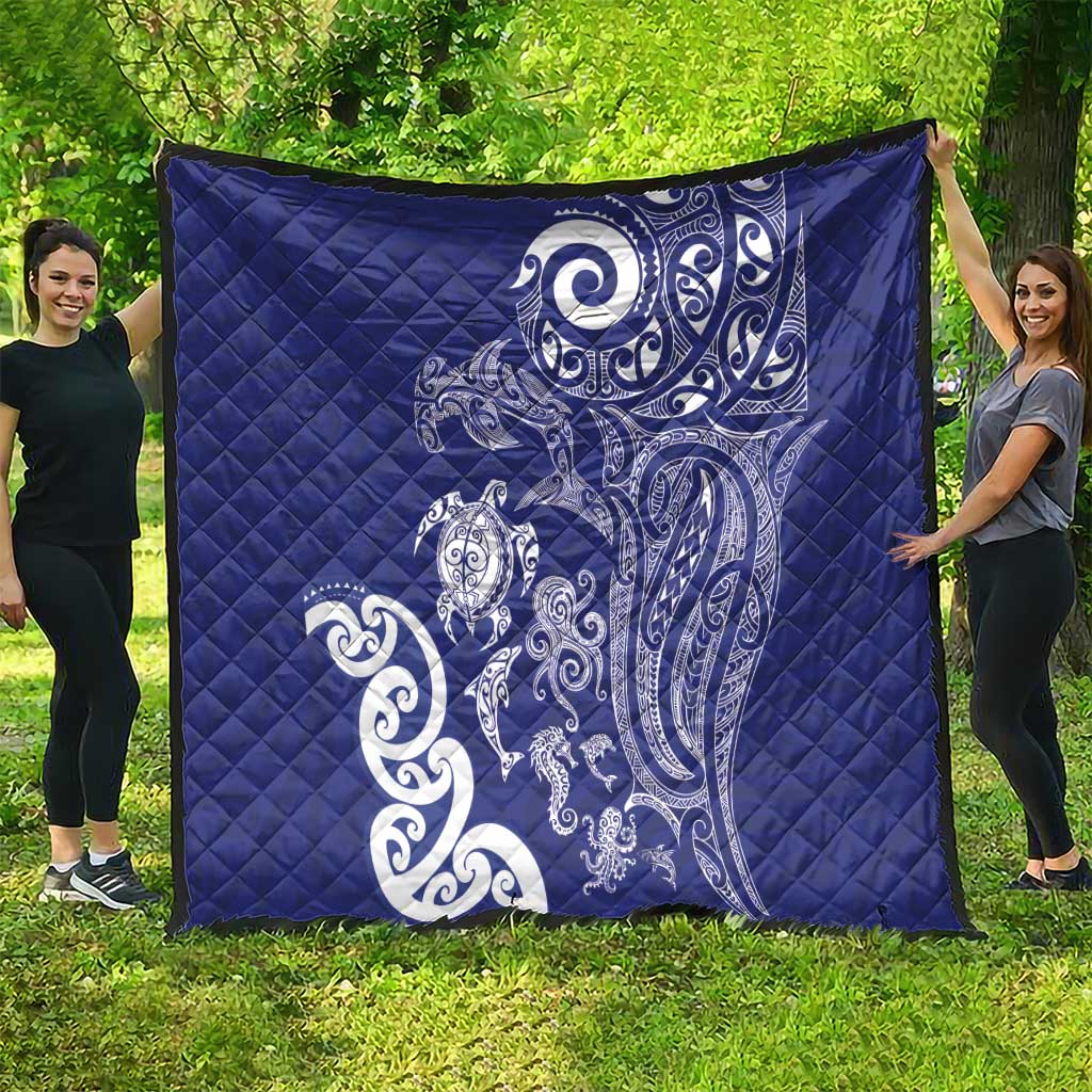 New Zealand Sea Animals with Maori Tribal Tattoo Quilt Blue Color
