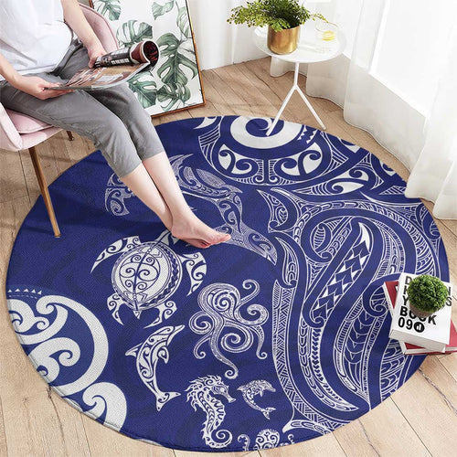 New Zealand Sea Animals with Maori Tribal Tattoo Round Carpet Blue Color