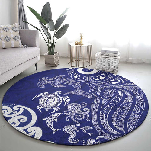 New Zealand Sea Animals with Maori Tribal Tattoo Round Carpet Blue Color