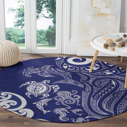 New Zealand Sea Animals with Maori Tribal Tattoo Round Carpet Blue Color