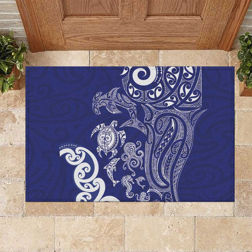 New Zealand Sea Animals with Maori Tribal Tattoo Rubber Doormat Blue Color