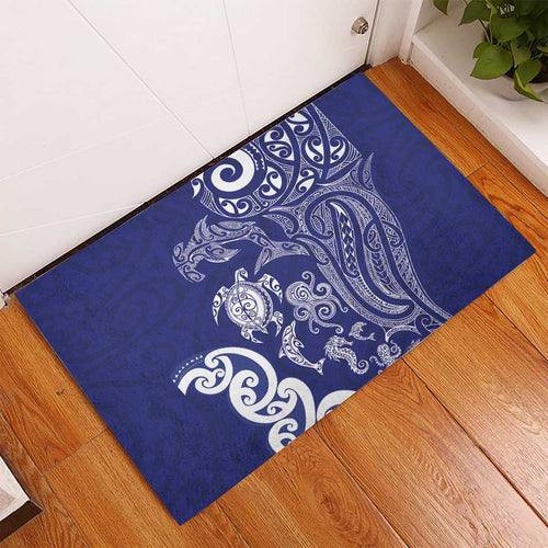New Zealand Sea Animals with Maori Tribal Tattoo Rubber Doormat Blue Color