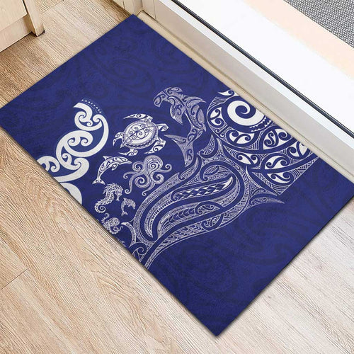 New Zealand Sea Animals with Maori Tribal Tattoo Rubber Doormat Blue Color