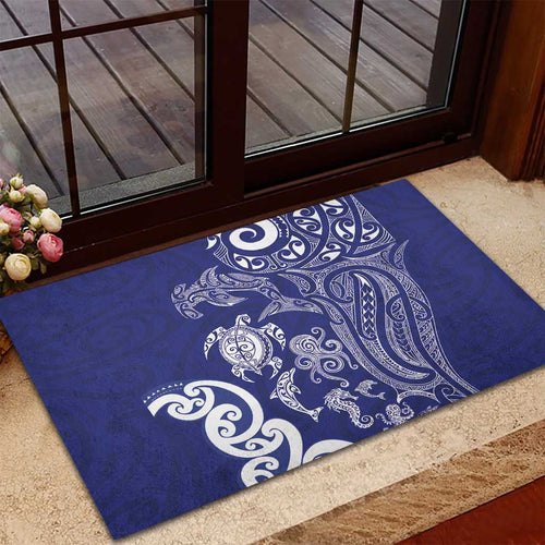 New Zealand Sea Animals with Maori Tribal Tattoo Rubber Doormat Blue Color