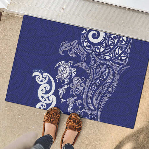 New Zealand Sea Animals with Maori Tribal Tattoo Rubber Doormat Blue Color