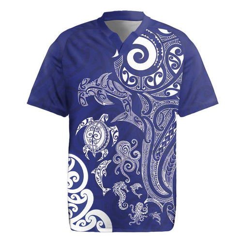 New Zealand Sea Animals with Maori Tribal Tattoo Rugby Jersey Blue Color