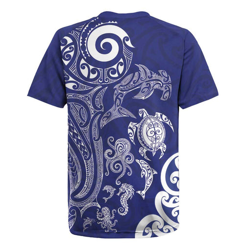 New Zealand Sea Animals with Maori Tribal Tattoo Rugby Jersey Blue Color