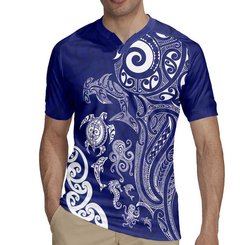 New Zealand Sea Animals with Maori Tribal Tattoo Rugby Jersey Blue Color