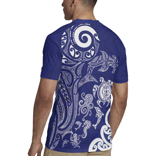 New Zealand Sea Animals with Maori Tribal Tattoo Rugby Jersey Blue Color