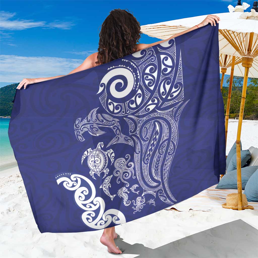 New Zealand Sea Animals with Maori Tribal Tattoo Sarong Blue Color