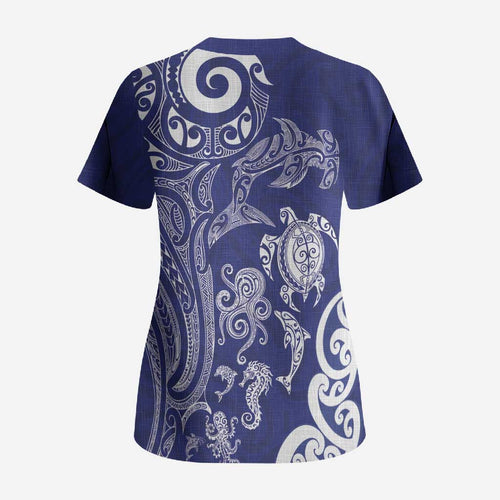 New Zealand Sea Animals with Maori Tribal Tattoo Scrub Top Blue Color