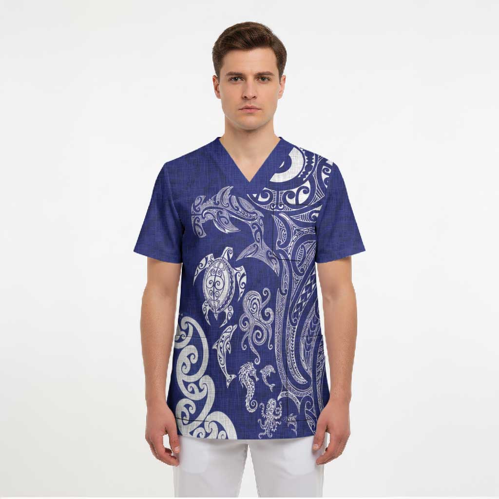 New Zealand Sea Animals with Maori Tribal Tattoo Scrub Top Blue Color
