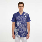 New Zealand Sea Animals with Maori Tribal Tattoo Scrub Top Blue Color