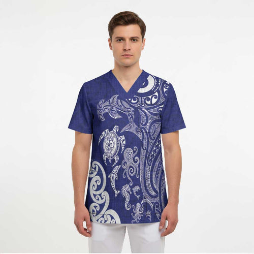 New Zealand Sea Animals with Maori Tribal Tattoo Scrub Top Blue Color