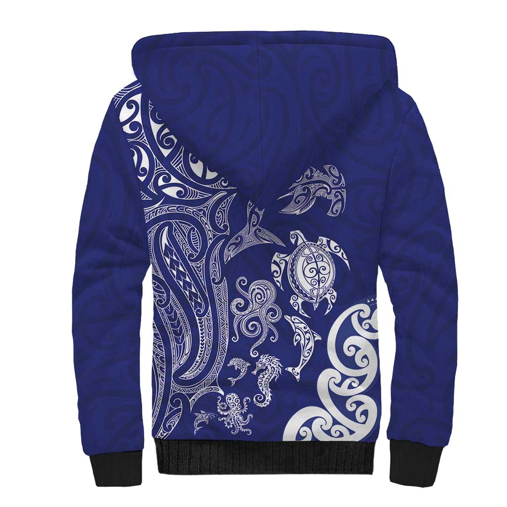 New Zealand Sea Animals with Maori Tribal Tattoo Sherpa Hoodie Blue Color