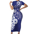 New Zealand Sea Animals with Maori Tribal Tattoo Short Sleeve Bodycon Dress Blue Color