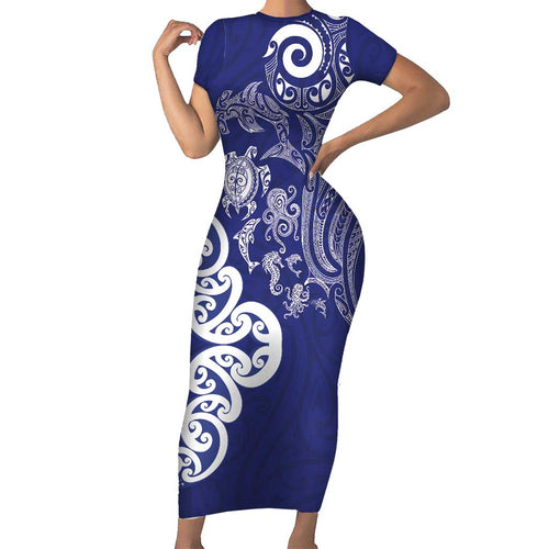New Zealand Sea Animals with Maori Tribal Tattoo Short Sleeve Bodycon Dress Blue Color