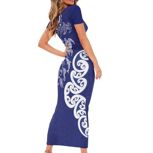 New Zealand Sea Animals with Maori Tribal Tattoo Short Sleeve Bodycon Dress Blue Color